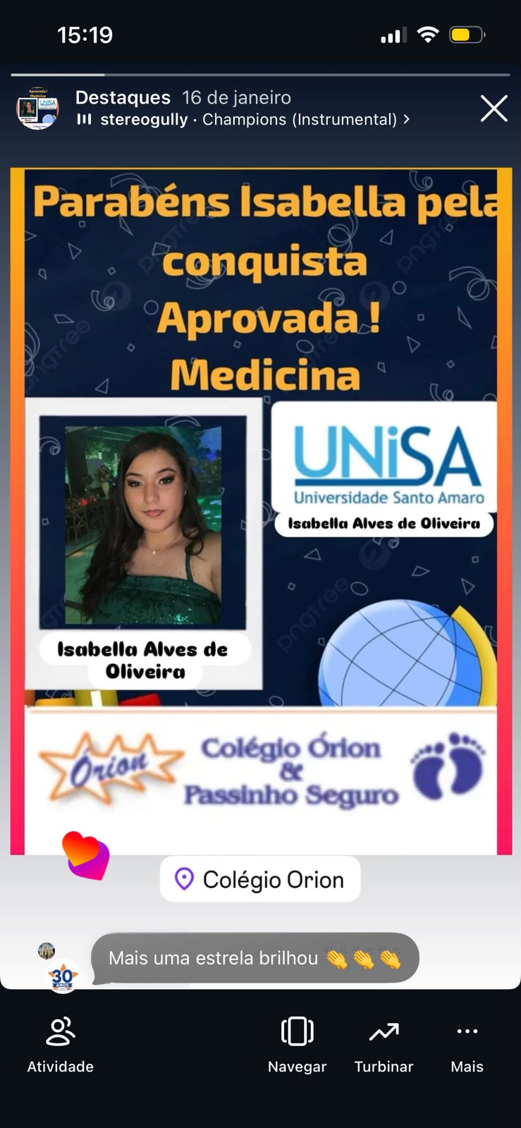 Aprovação de Isabella em Medicina na UNISA