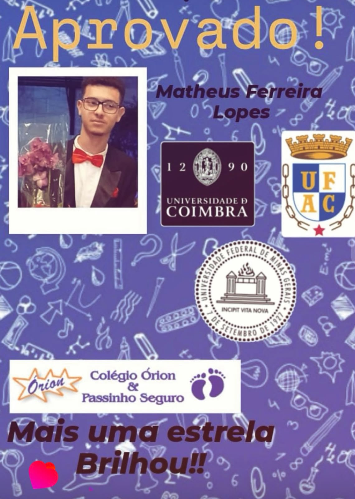 Aprovações de Matheus em universidades brasileiras e internacionais